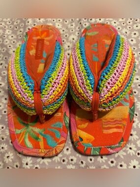 FARM Rio Bright Multicolor Crochet Strap Flip Flop Sandals